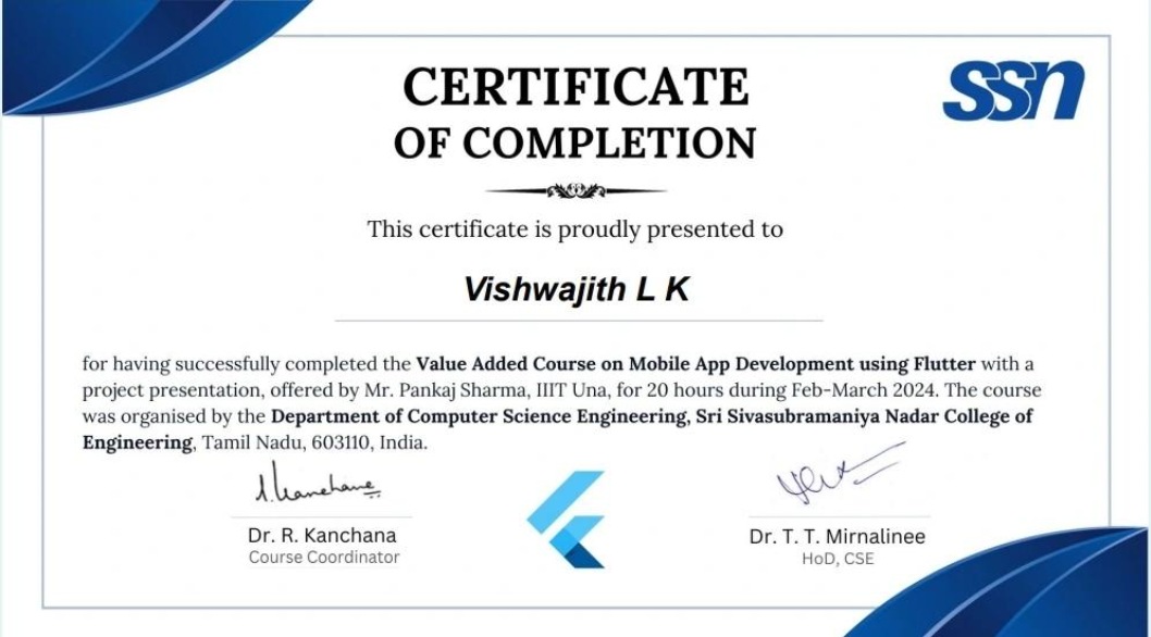 Mobile App Development using Flutter certificate