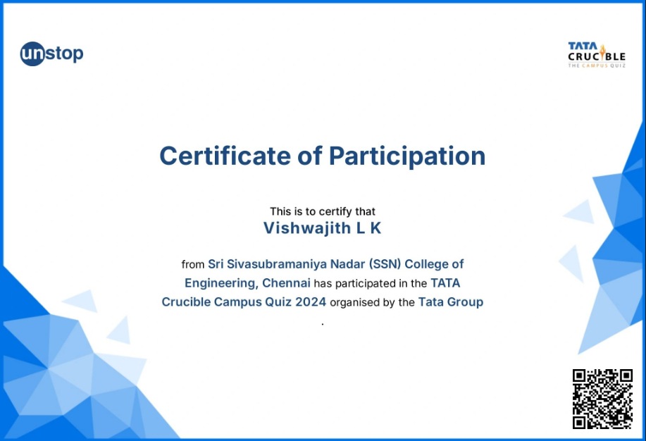 Tata Crucible Campus Quiz certificate